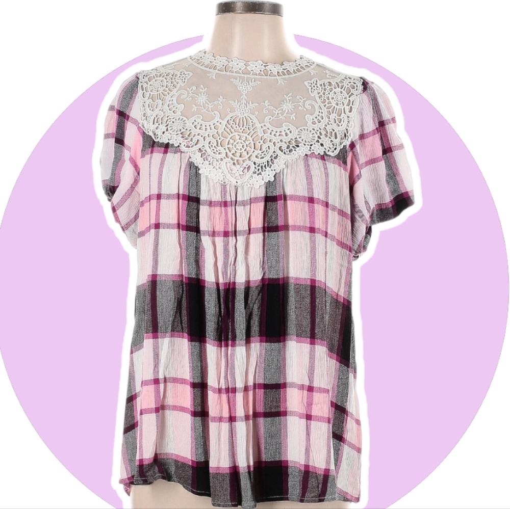 Torrid Plaid Pink & Lavender Crinkle Top Plus Sz 2X - Picture 2 of 5
